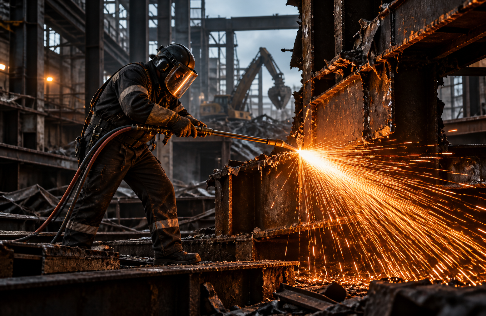 Taglio di strutture metalliche durante una demolizione industriale